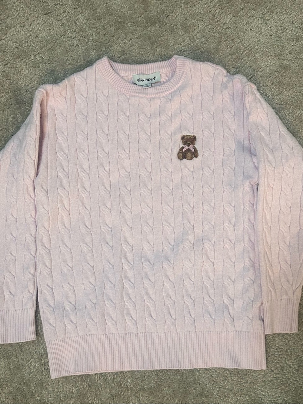 Women’s Cable Knit Sweater in Light Pink with Bear Patch